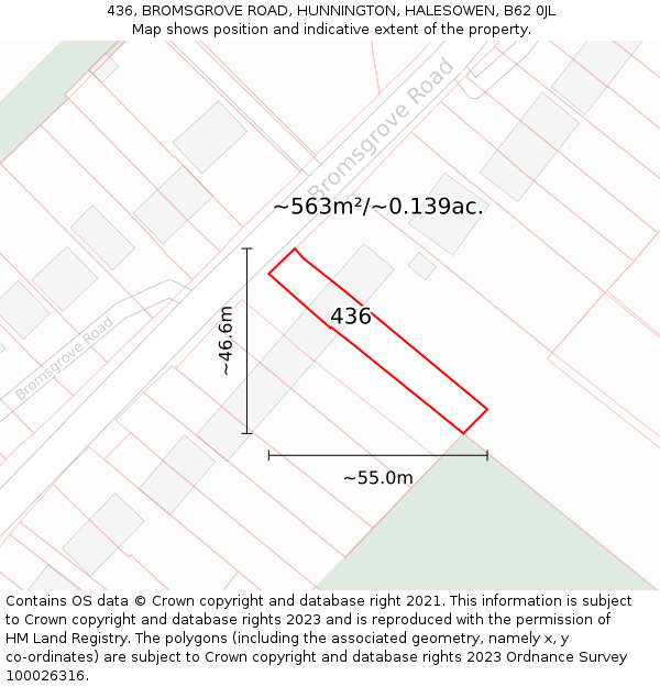 436, BROMSGROVE ROAD, HUNNINGTON, HALESOWEN, B62 0JL: Plot and title map