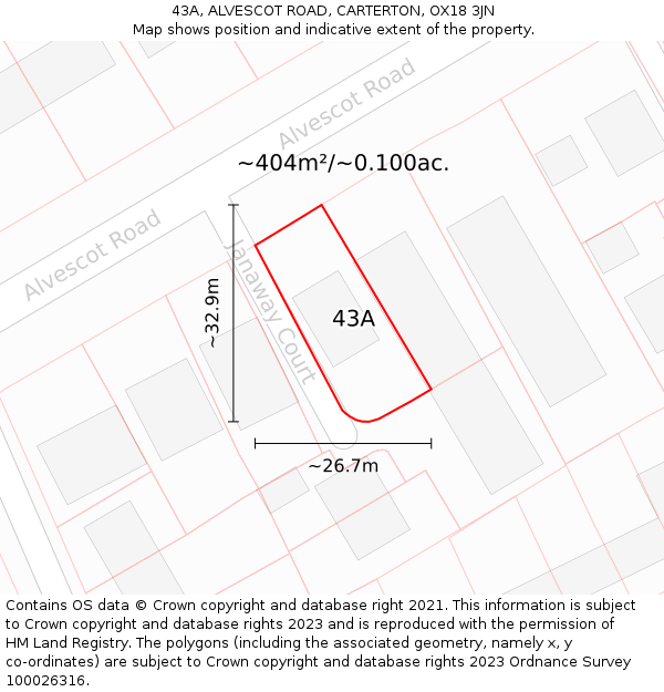 43A, ALVESCOT ROAD, CARTERTON, OX18 3JN: Plot and title map