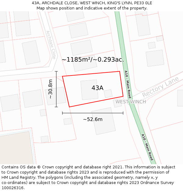 43A, ARCHDALE CLOSE, WEST WINCH, KING'S LYNN, PE33 0LE: Plot and title map