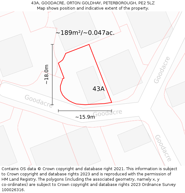 43A, GOODACRE, ORTON GOLDHAY, PETERBOROUGH, PE2 5LZ: Plot and title map