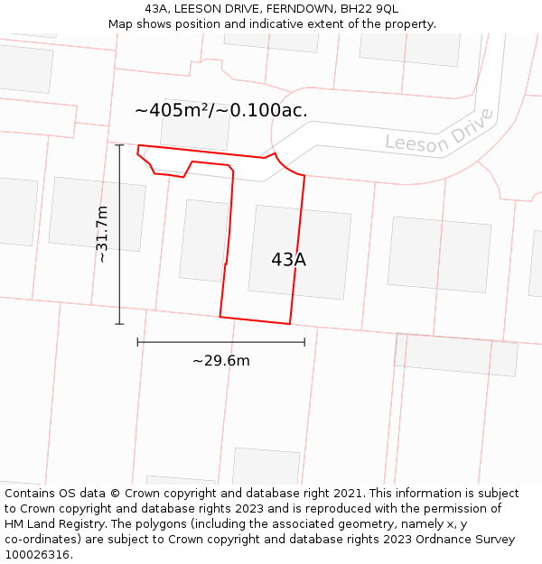 43A, LEESON DRIVE, FERNDOWN, BH22 9QL: Plot and title map