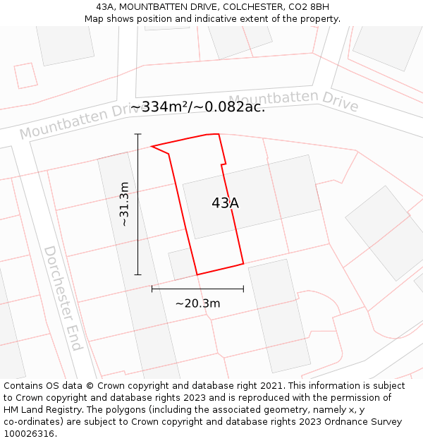 43A, MOUNTBATTEN DRIVE, COLCHESTER, CO2 8BH: Plot and title map