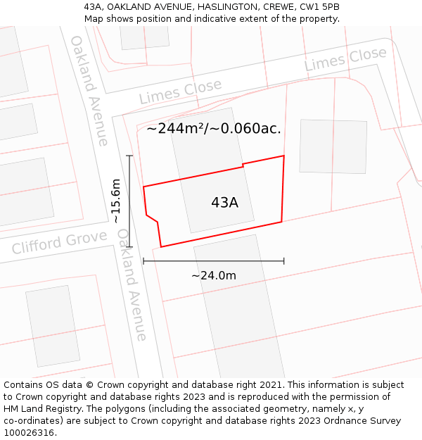 43A, OAKLAND AVENUE, HASLINGTON, CREWE, CW1 5PB: Plot and title map