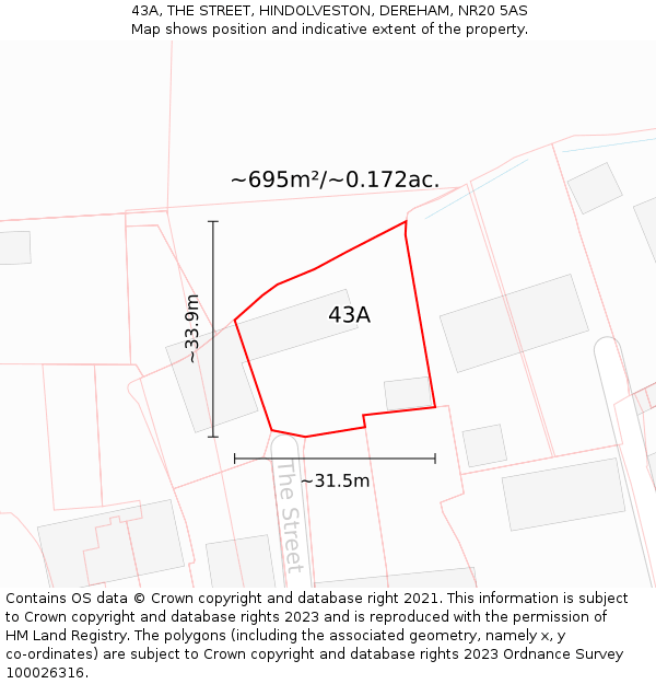 43A, THE STREET, HINDOLVESTON, DEREHAM, NR20 5AS: Plot and title map