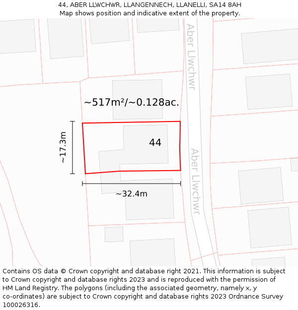 44, ABER LLWCHWR, LLANGENNECH, LLANELLI, SA14 8AH: Plot and title map