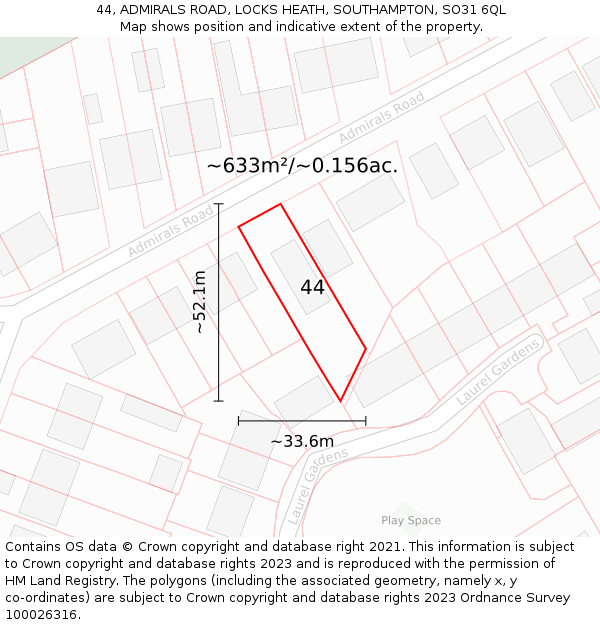 44, ADMIRALS ROAD, LOCKS HEATH, SOUTHAMPTON, SO31 6QL: Plot and title map