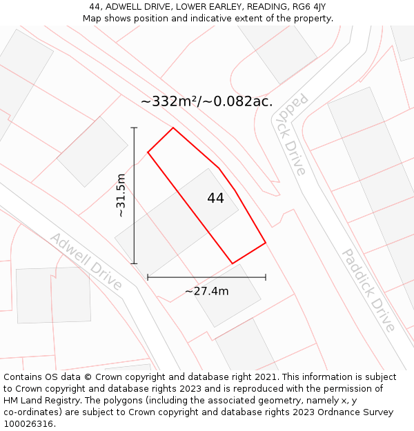 44, ADWELL DRIVE, LOWER EARLEY, READING, RG6 4JY: Plot and title map
