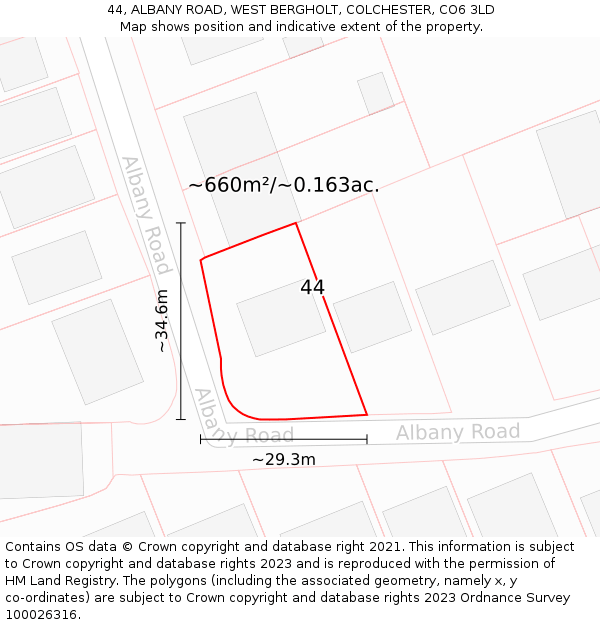 44, ALBANY ROAD, WEST BERGHOLT, COLCHESTER, CO6 3LD: Plot and title map