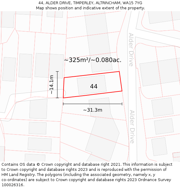 44, ALDER DRIVE, TIMPERLEY, ALTRINCHAM, WA15 7YG: Plot and title map