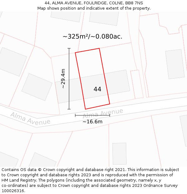 44, ALMA AVENUE, FOULRIDGE, COLNE, BB8 7NS: Plot and title map