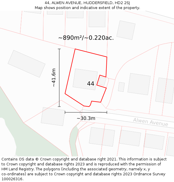 44, ALWEN AVENUE, HUDDERSFIELD, HD2 2SJ: Plot and title map