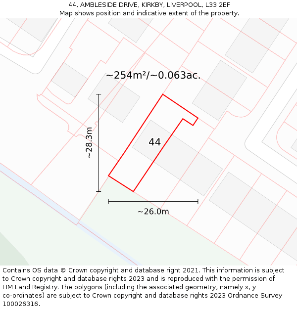 44, AMBLESIDE DRIVE, KIRKBY, LIVERPOOL, L33 2EF: Plot and title map