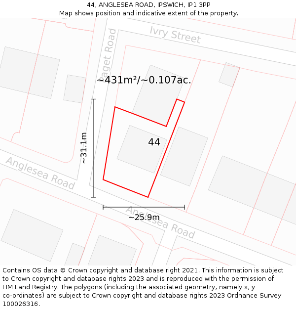 44, ANGLESEA ROAD, IPSWICH, IP1 3PP: Plot and title map