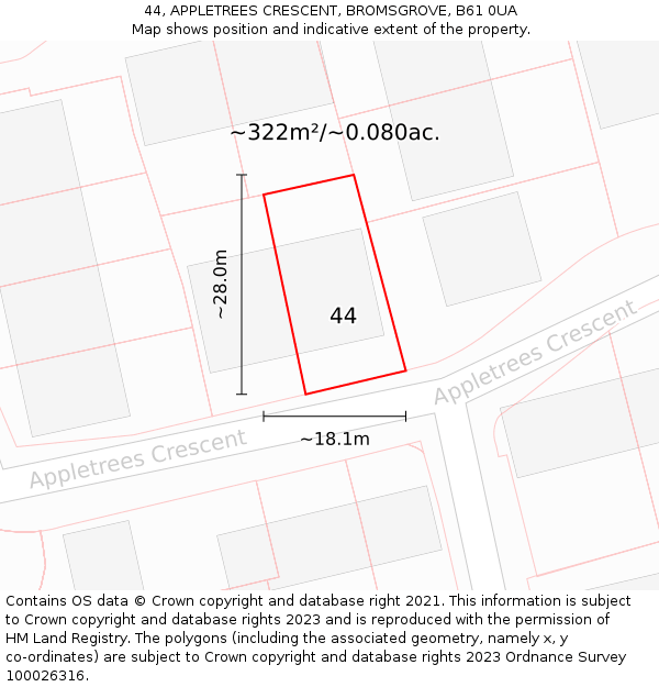 44, APPLETREES CRESCENT, BROMSGROVE, B61 0UA: Plot and title map