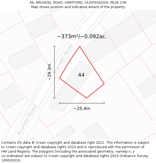 44, ARUNDEL ROAD, HARTFORD, HUNTINGDON, PE29 1YW: Plot and title map