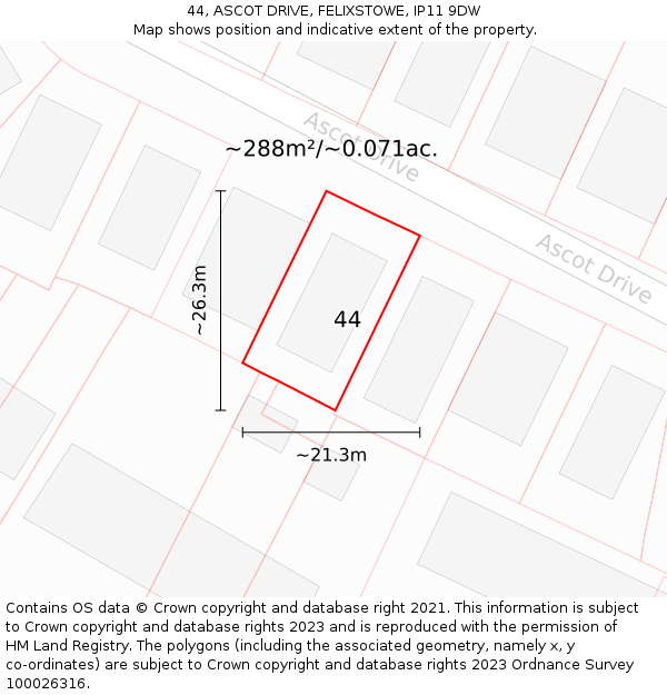 44, ASCOT DRIVE, FELIXSTOWE, IP11 9DW: Plot and title map