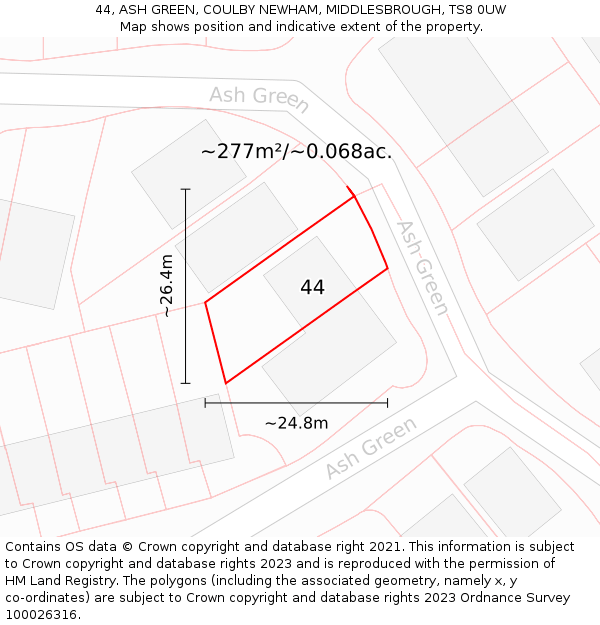 44, ASH GREEN, COULBY NEWHAM, MIDDLESBROUGH, TS8 0UW: Plot and title map