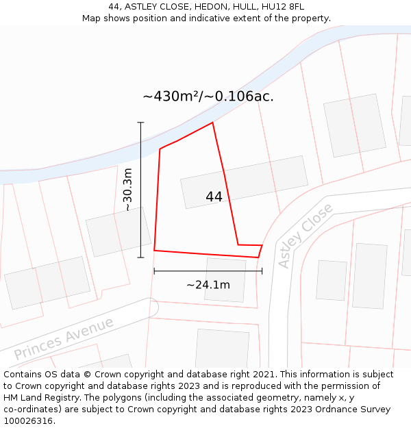 44, ASTLEY CLOSE, HEDON, HULL, HU12 8FL: Plot and title map