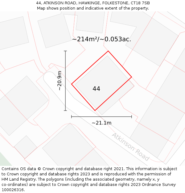 44, ATKINSON ROAD, HAWKINGE, FOLKESTONE, CT18 7SB: Plot and title map