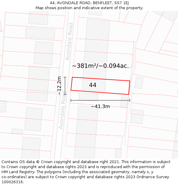 44, AVONDALE ROAD, BENFLEET, SS7 1EJ: Plot and title map