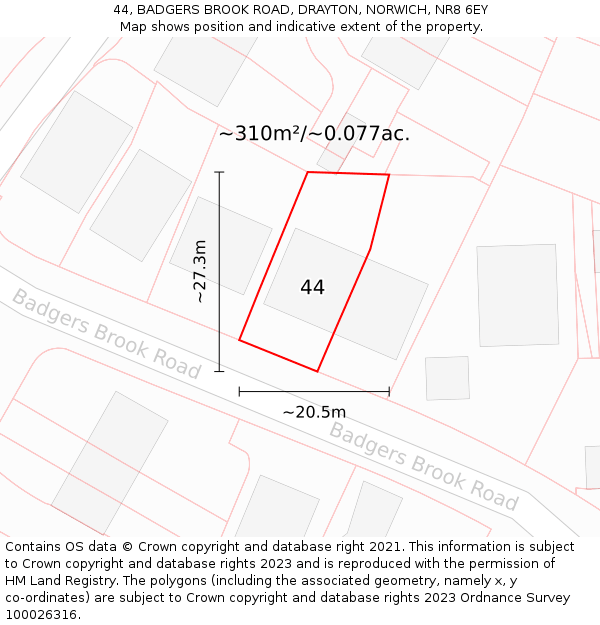 44, BADGERS BROOK ROAD, DRAYTON, NORWICH, NR8 6EY: Plot and title map