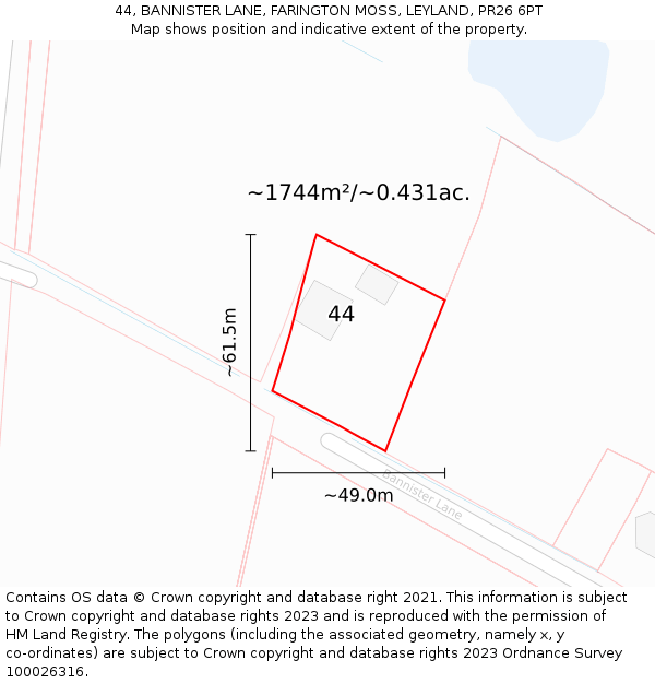 44, BANNISTER LANE, FARINGTON MOSS, LEYLAND, PR26 6PT: Plot and title map