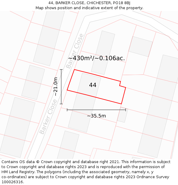 44, BARKER CLOSE, CHICHESTER, PO18 8BJ: Plot and title map