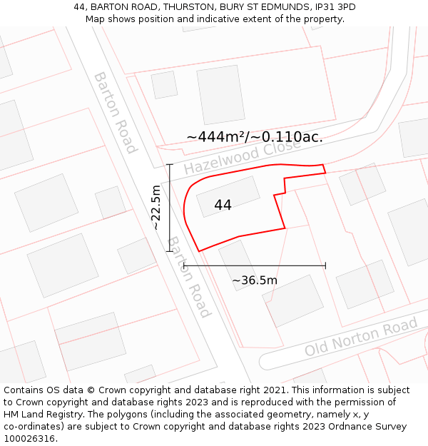 44, BARTON ROAD, THURSTON, BURY ST EDMUNDS, IP31 3PD: Plot and title map