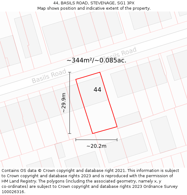 44, BASILS ROAD, STEVENAGE, SG1 3PX: Plot and title map