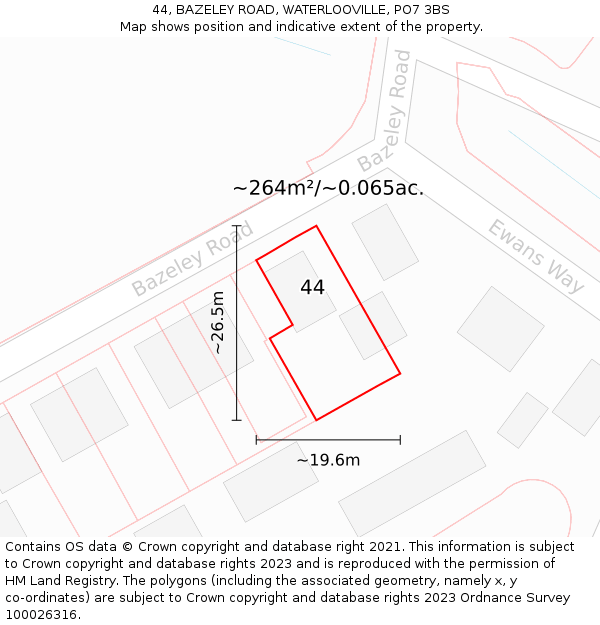 44, BAZELEY ROAD, WATERLOOVILLE, PO7 3BS: Plot and title map