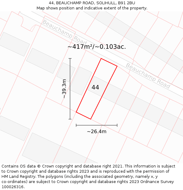 44, BEAUCHAMP ROAD, SOLIHULL, B91 2BU: Plot and title map