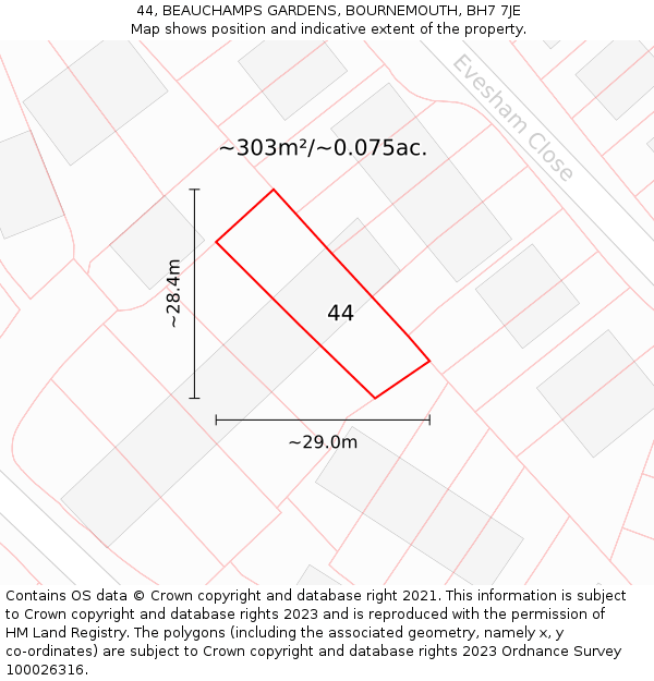 44, BEAUCHAMPS GARDENS, BOURNEMOUTH, BH7 7JE: Plot and title map