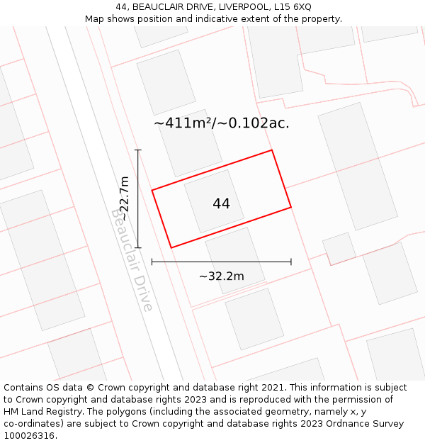 44, BEAUCLAIR DRIVE, LIVERPOOL, L15 6XQ: Plot and title map