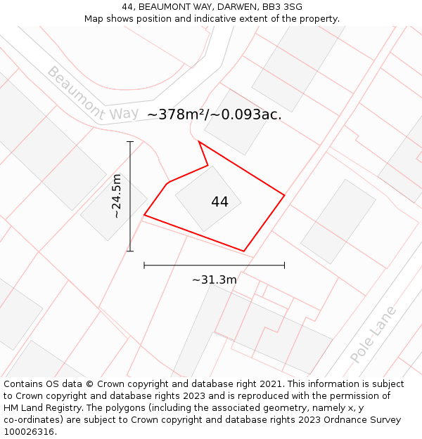 44, BEAUMONT WAY, DARWEN, BB3 3SG: Plot and title map