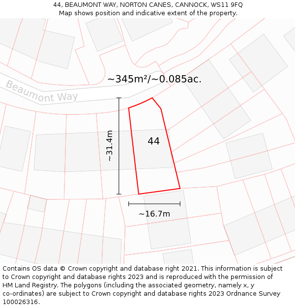 44, BEAUMONT WAY, NORTON CANES, CANNOCK, WS11 9FQ: Plot and title map