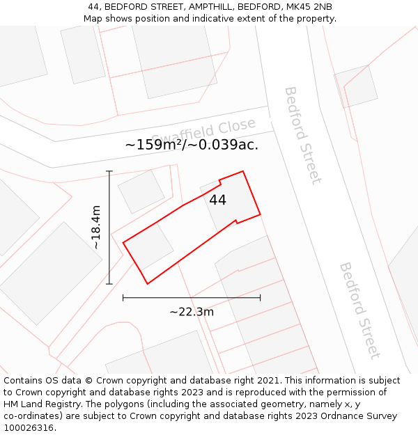 44, BEDFORD STREET, AMPTHILL, BEDFORD, MK45 2NB: Plot and title map