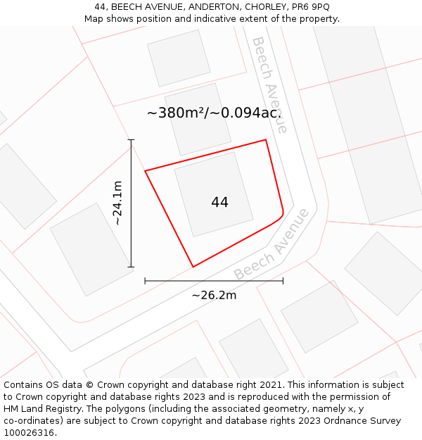 44, BEECH AVENUE, ANDERTON, CHORLEY, PR6 9PQ: Plot and title map