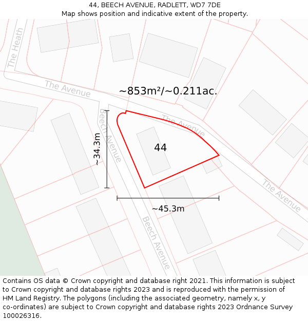 44, BEECH AVENUE, RADLETT, WD7 7DE: Plot and title map