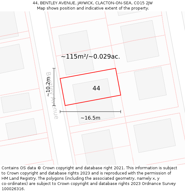 44, BENTLEY AVENUE, JAYWICK, CLACTON-ON-SEA, CO15 2JW: Plot and title map