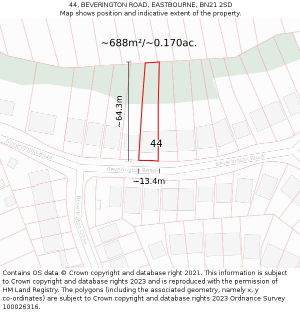 44, BEVERINGTON ROAD, EASTBOURNE, BN21 2SD: Plot and title map