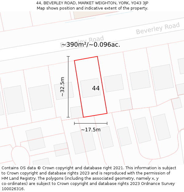 44, BEVERLEY ROAD, MARKET WEIGHTON, YORK, YO43 3JP: Plot and title map