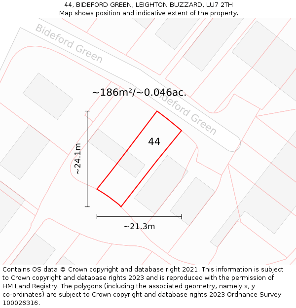 44, BIDEFORD GREEN, LEIGHTON BUZZARD, LU7 2TH: Plot and title map