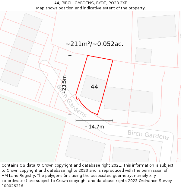 44, BIRCH GARDENS, RYDE, PO33 3XB: Plot and title map