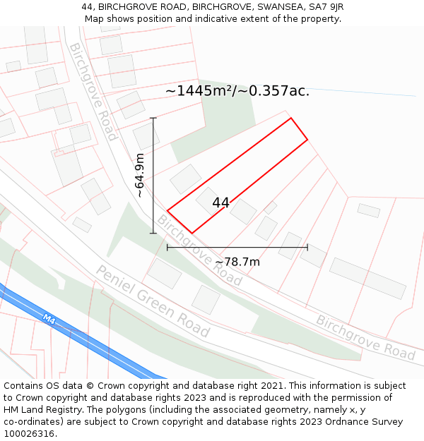 44, BIRCHGROVE ROAD, BIRCHGROVE, SWANSEA, SA7 9JR: Plot and title map