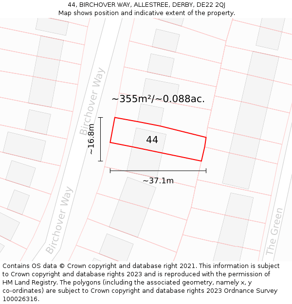 44, BIRCHOVER WAY, ALLESTREE, DERBY, DE22 2QJ: Plot and title map