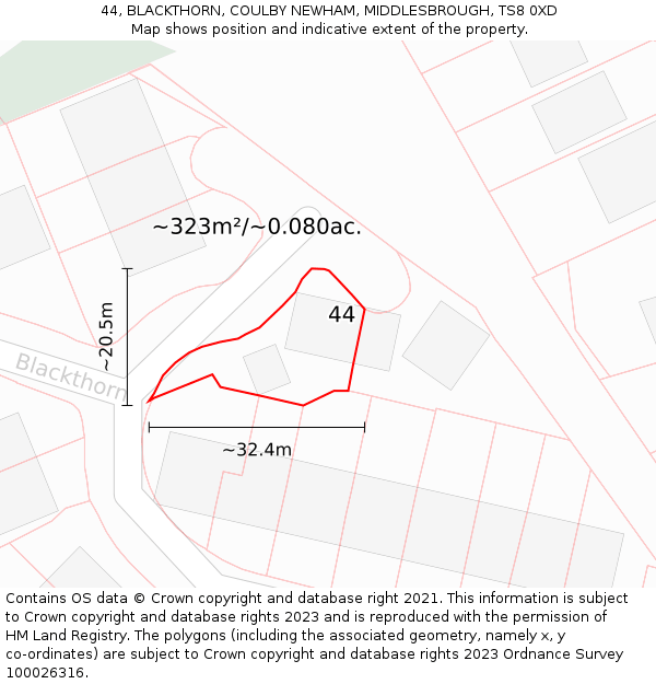 44, BLACKTHORN, COULBY NEWHAM, MIDDLESBROUGH, TS8 0XD: Plot and title map