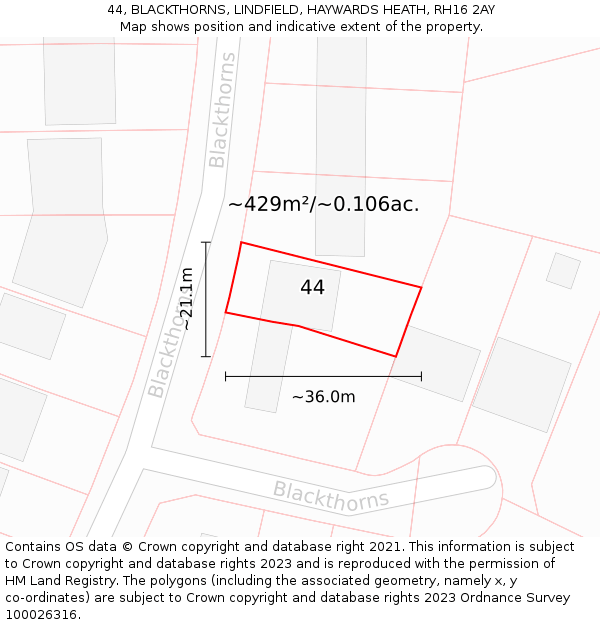 44, BLACKTHORNS, LINDFIELD, HAYWARDS HEATH, RH16 2AY: Plot and title map