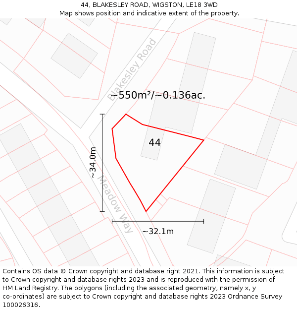 44, BLAKESLEY ROAD, WIGSTON, LE18 3WD: Plot and title map