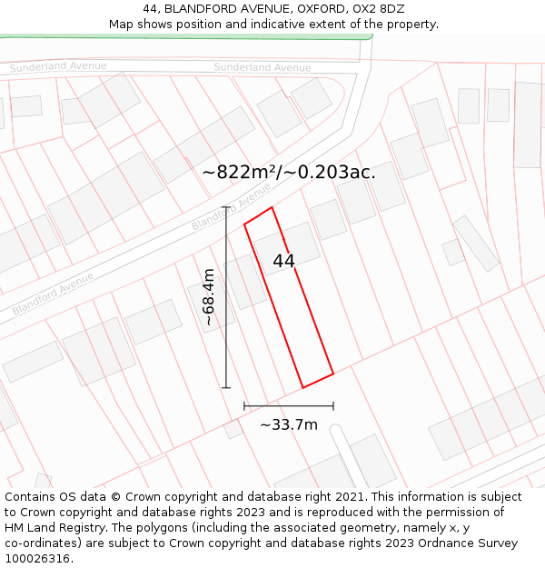 44, BLANDFORD AVENUE, OXFORD, OX2 8DZ: Plot and title map