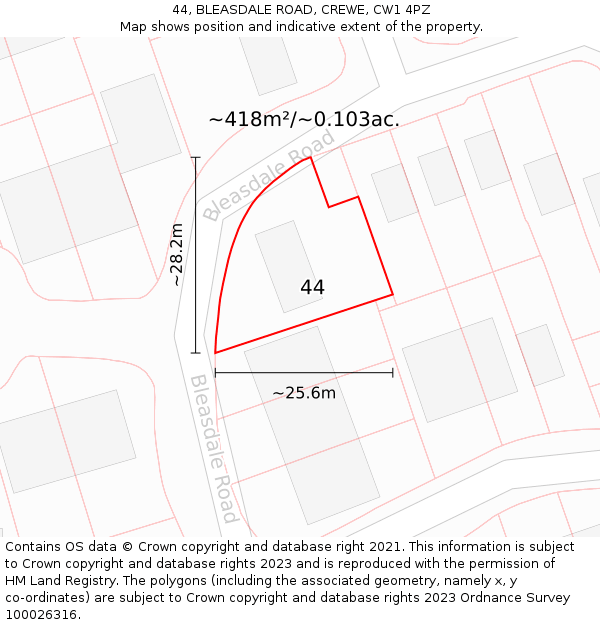 44, BLEASDALE ROAD, CREWE, CW1 4PZ: Plot and title map